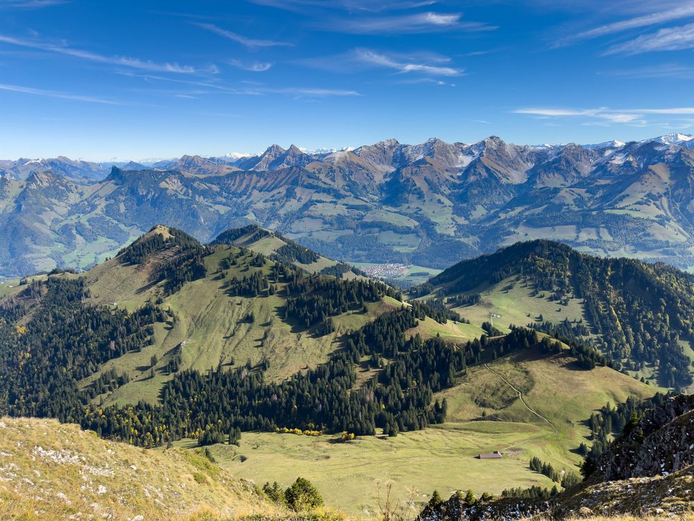 Panoramic alpine landscape with lush green valleys, forested hills, and snow-capped mountain peaks under a clear blue sky.
