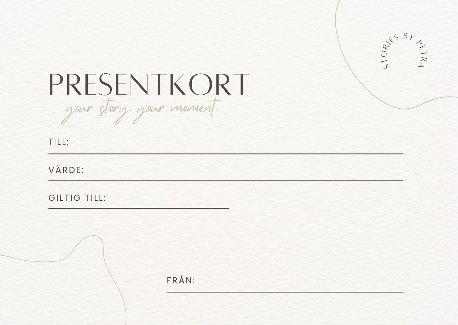 Elegant Swedish gift card template with minimalist design featuring fields for recipient, value, and expiry date.