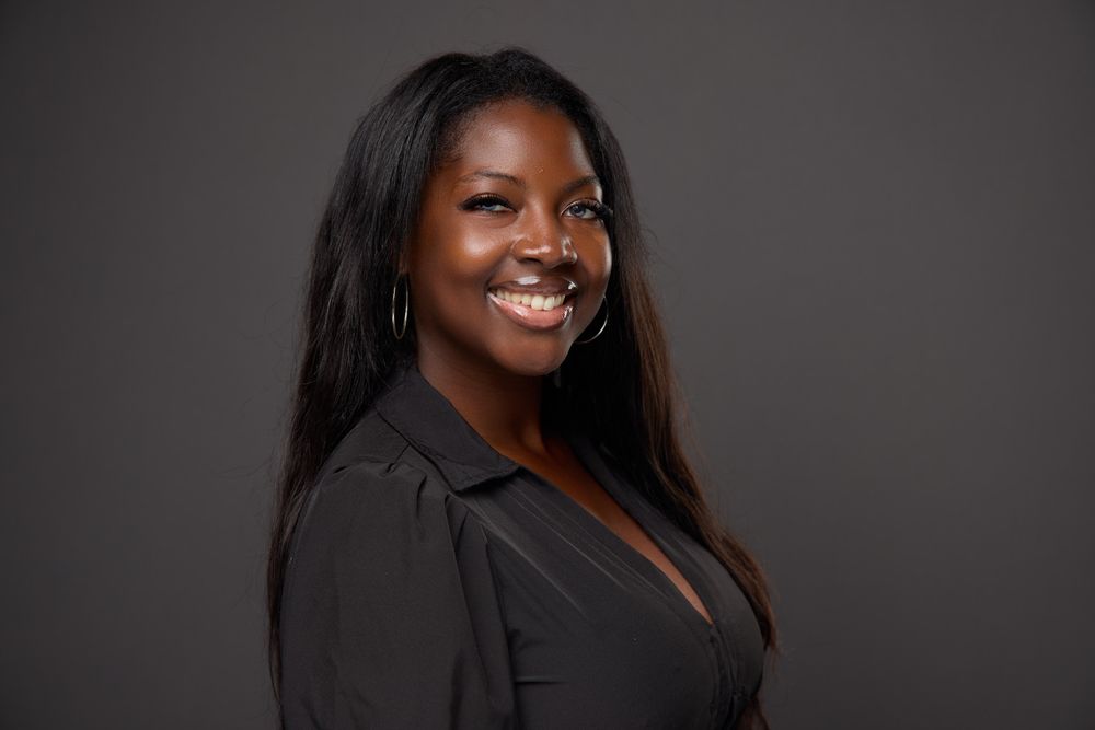 Professional headshot series showing different expressions and poses against a dark background.