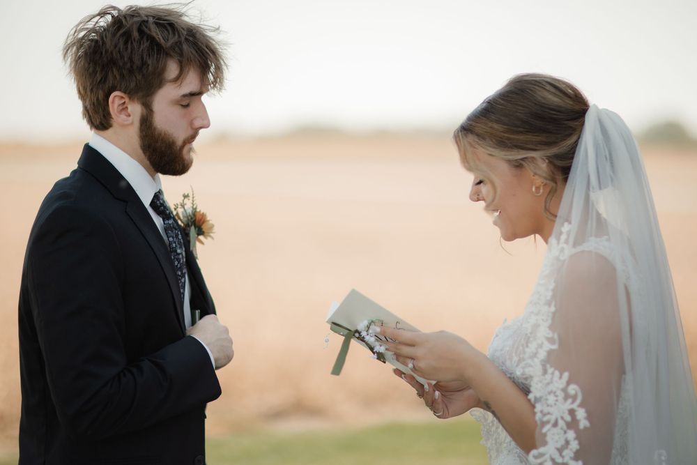 A romantic collection of wedding photos showing tender moments between a bride and groom in an outdoor setting.