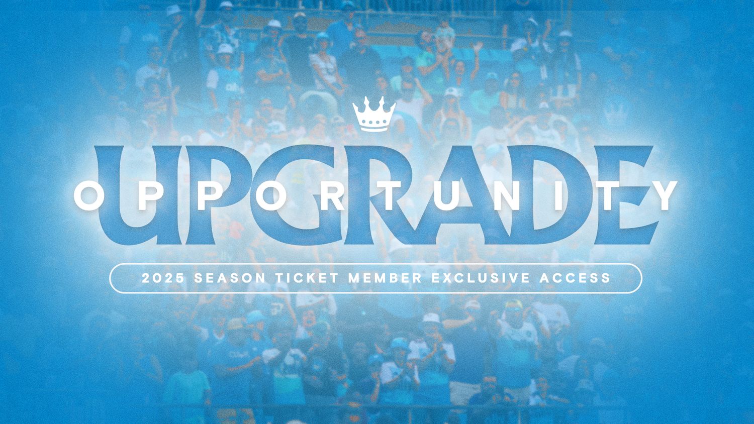 Charlotte FC 2026 Season Ticket Member exclusive upgrade opportunity announcement on vibrant blue background.
