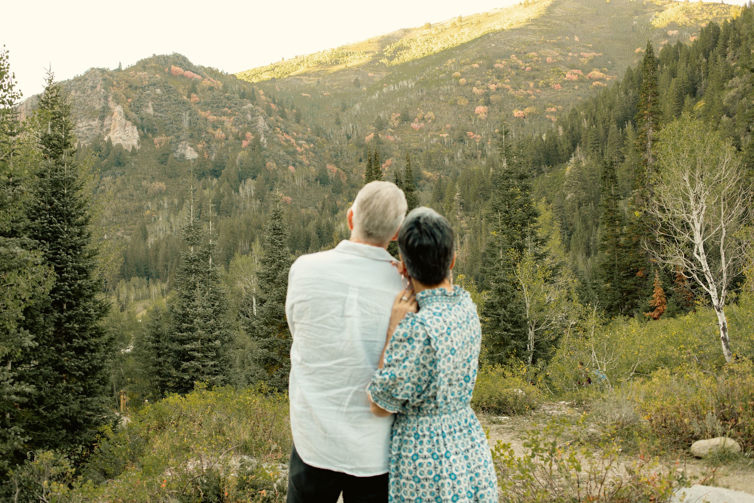 Two people embrace while admiring a scenic mountain landscape with evergreen trees and autumn colors.