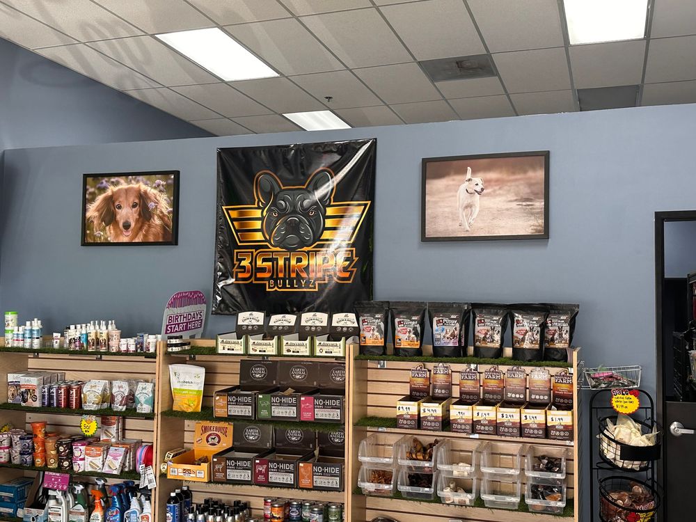 Wide view of a modern pet supply store interior with fluorescent lighting and well-organized product displays.
