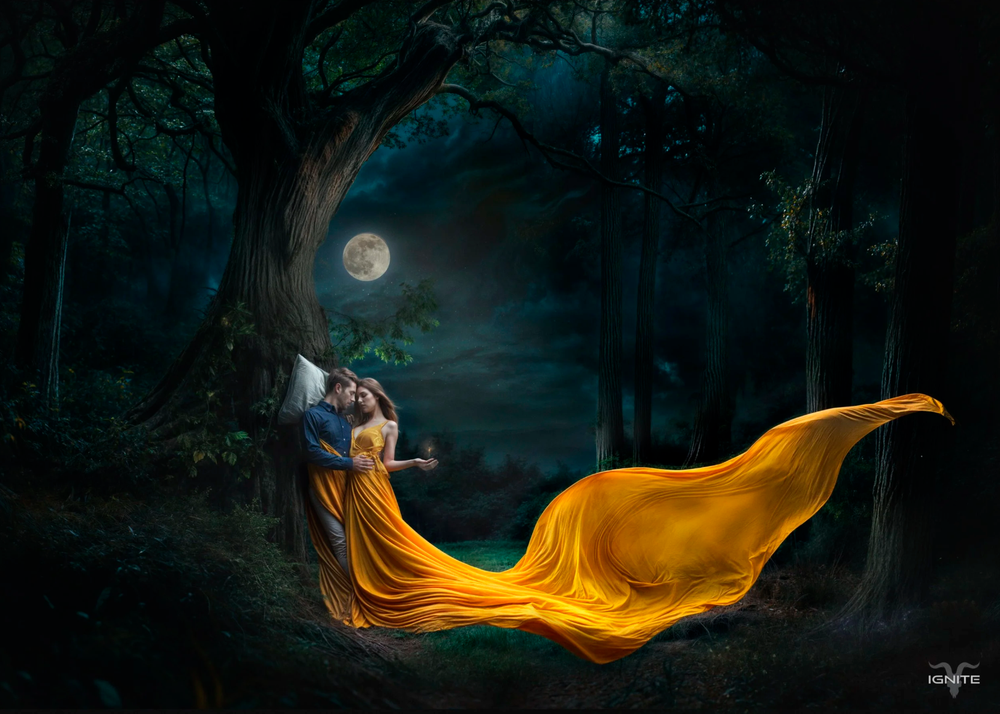 A mystical forest scene at night with glowing orange light trails creating ethereal patterns in the dark woods.