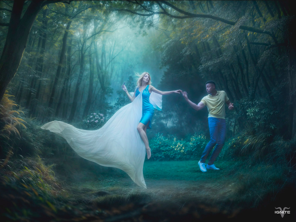 A magical forest photoshoot series featuring flowing white dresses and ethereal blue lighting creates a dreamy atmosphere.