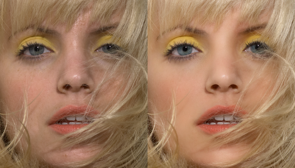 Close-up beauty portrait showing dramatic gold eyeshadow and glossy lips.