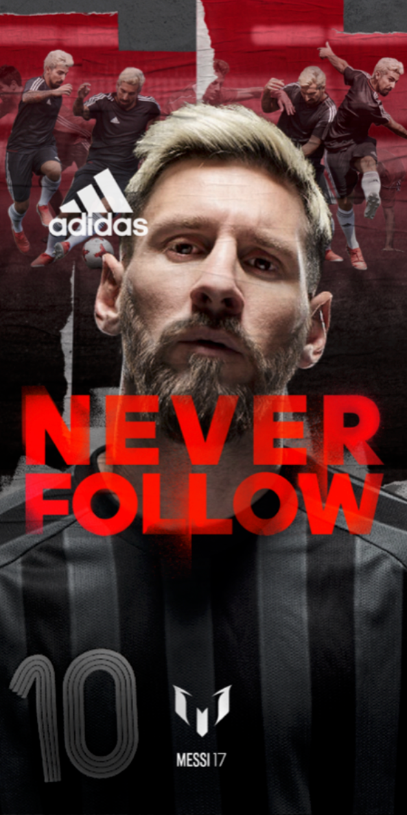 Adidas advertisement featuring dark sports apparel with red text saying NEVER FOLLOW against black background.