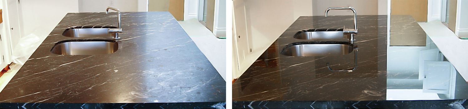 Before and after of marble restoration.