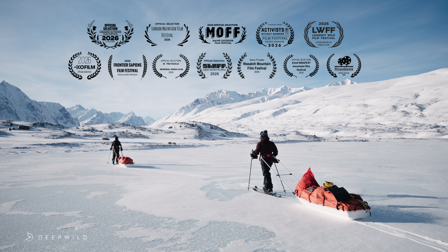 Two explorers pulling sleds across a vast snowy Arctic landscape under a clear blue sky, with film festival laurels overhead.