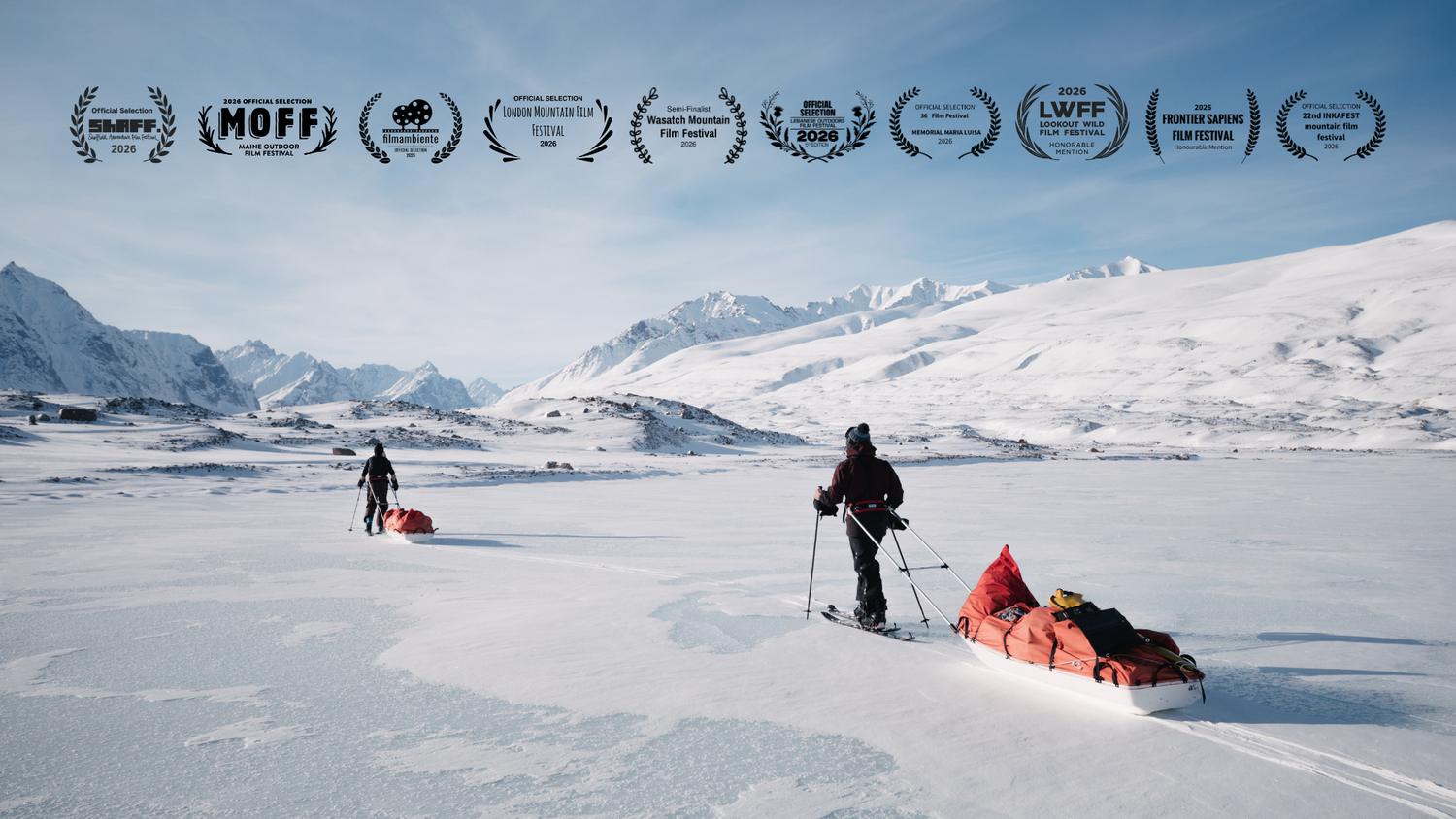 A series of scenic landscape photos showing mountains, glaciers, and snowy terrain in a cinematic panoramic style.