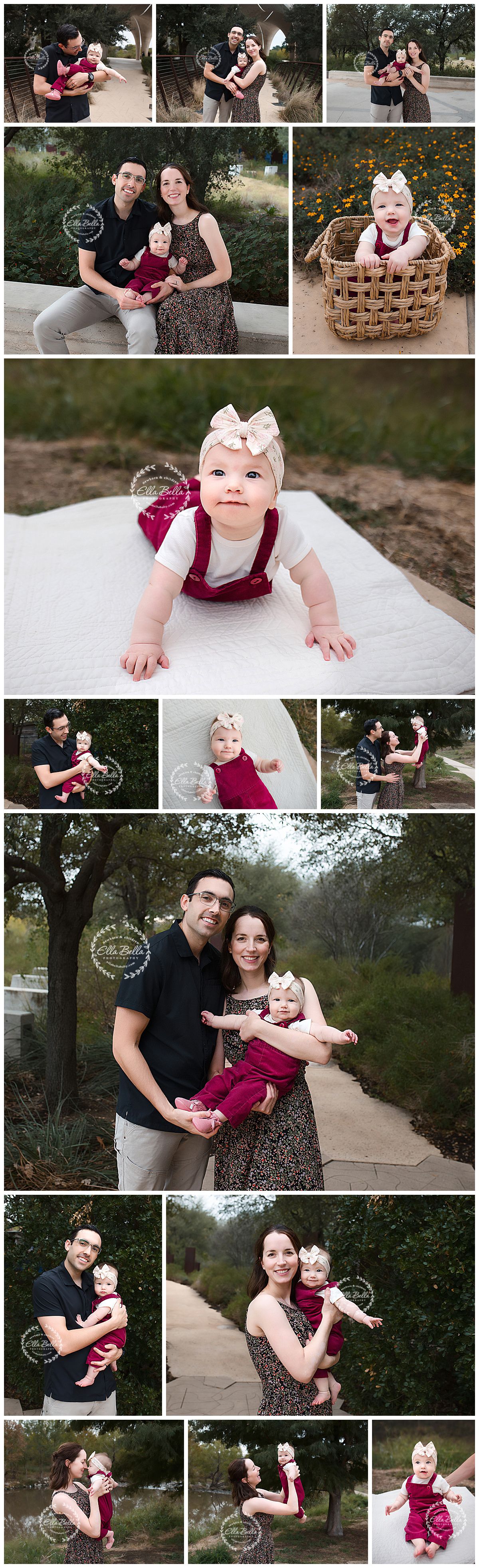 A heartwarming outdoor family photoshoot featuring burgundy and neutral tones in a natural park setting.