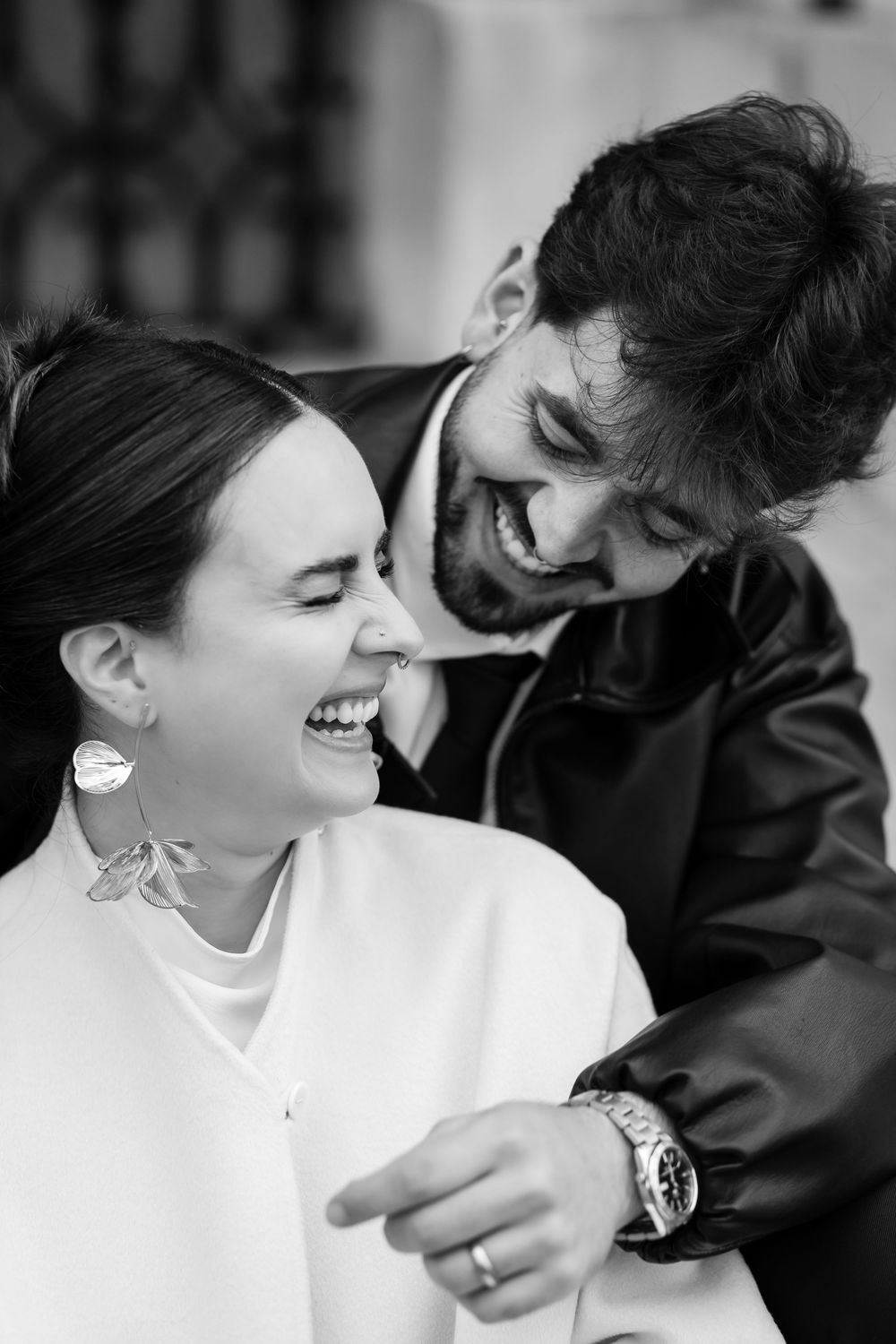 Authentic candid laughter captured during an editorial anniversary photoshoot in Dublin.