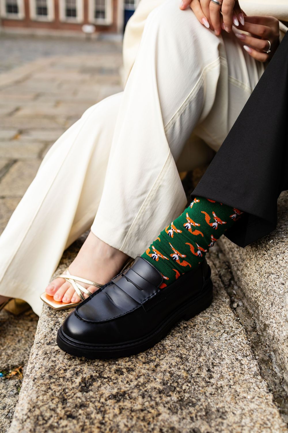 Stylish editorial detail — elegant heels and playful socks in a Dublin post-wedding photoshoot.