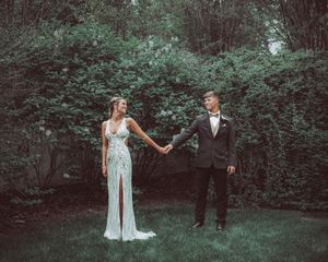 Dreamy & Moody Couple in Garden for Prom taken at The Trinkle Mansion in Wytheville, Va.