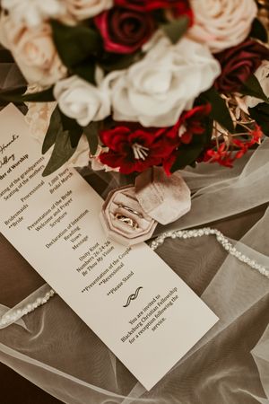 Flay Lay Wedding Photo with Bouquet, Rings, & Veil taken in Blacksburg, Va.