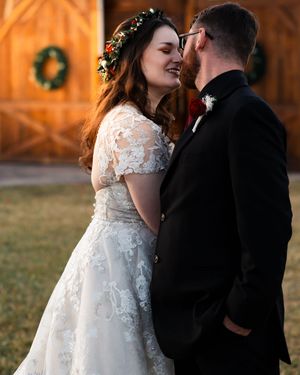Bride & Groom at Golden Hour Wedding Portrait taken at White Chapel Farm and Venue in Hillsville, VA.
