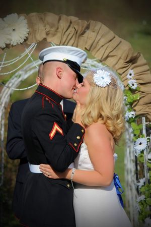 Bride and Marine Groom First Kiss Photo taken at Pleasant Hill Farm in Max Meadows, Va.