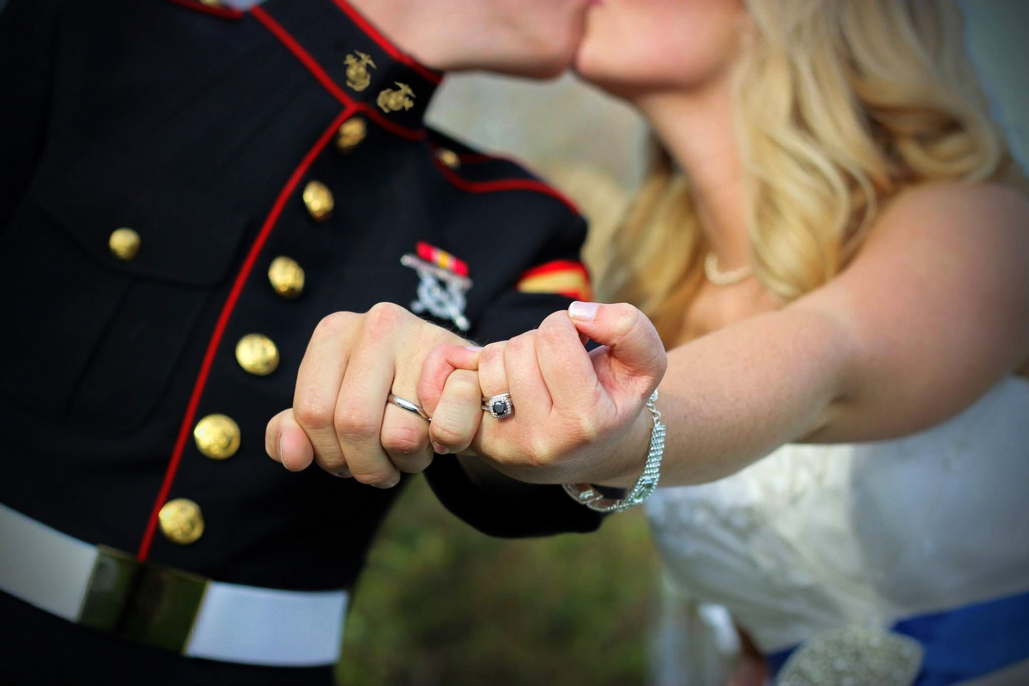 Bride and Marine Groom Photo taken at Pleasant Hill Farm in Max Meadows, Va. Photo of Wedding Rings