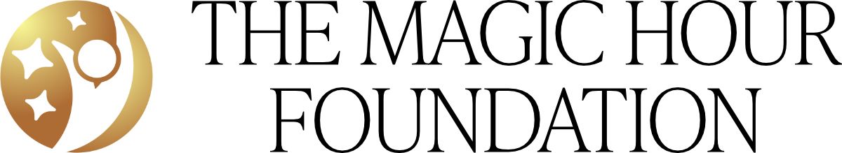 Gold and brown circular logo design for The Magic Hour Foundation with theatrical mask icon.
