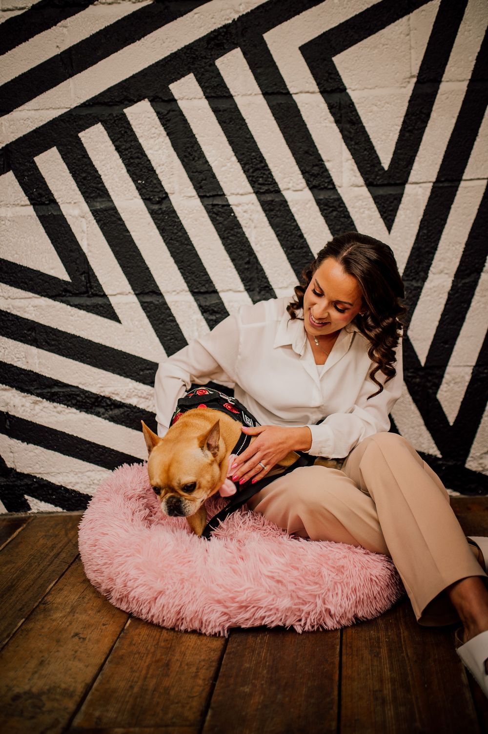 A small brown dog rests comfortably on a fluffy pink bed against a black and white geometric wall pattern.