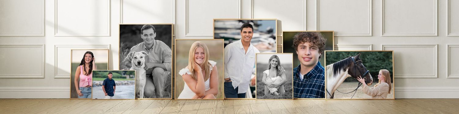 A horizontal collage of small thumbnail photos showing various portrait and lifestyle images against a white wall.