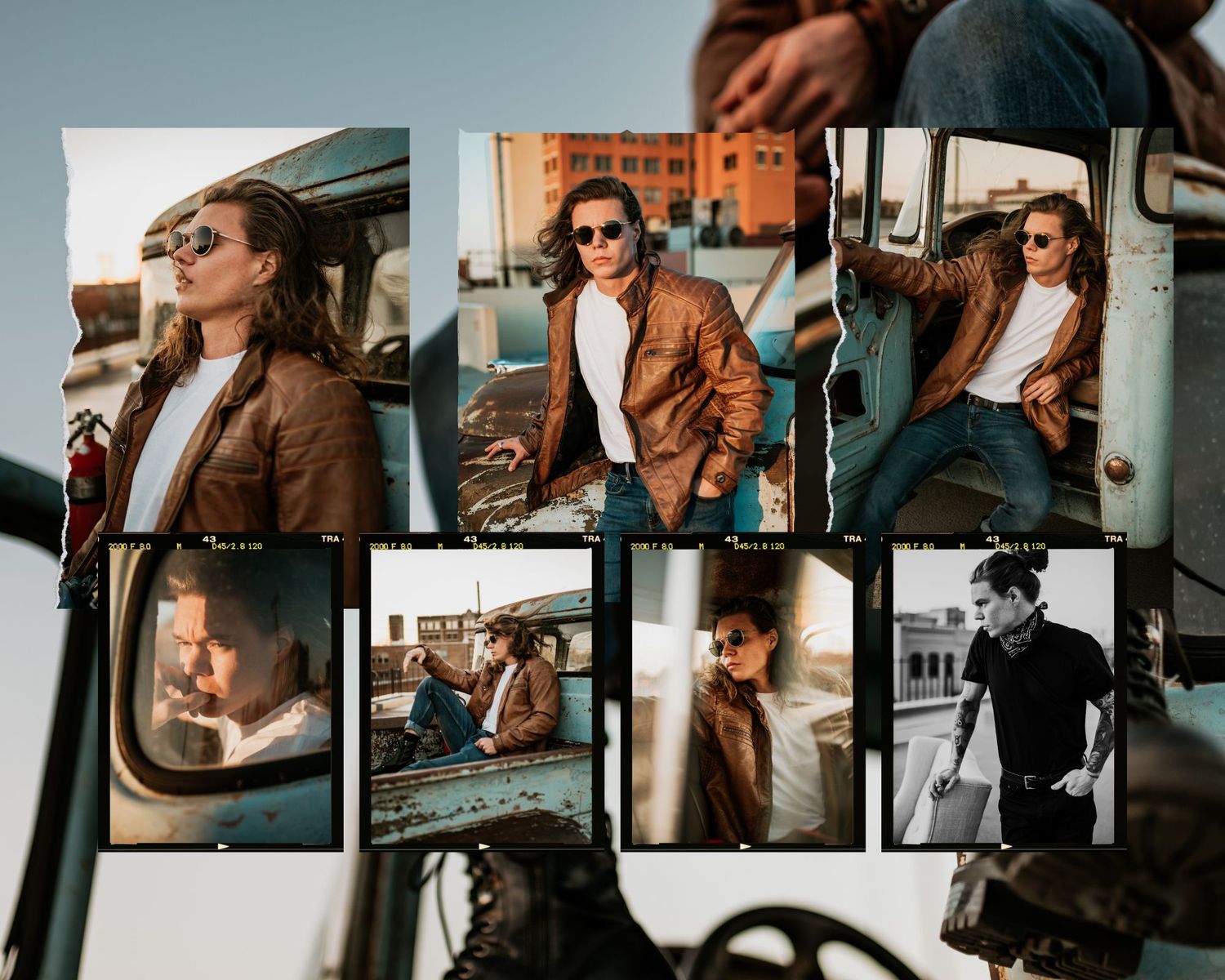 Vintage-style photo collage showing person in brown leather jacket and sunglasses posing with classic car in warm lighting.