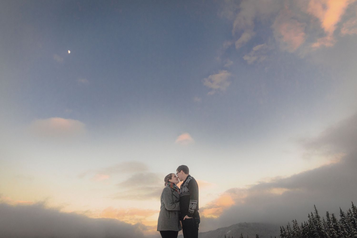 A romantic sunset silhouette scene with pine trees against a cloudy dusk sky.