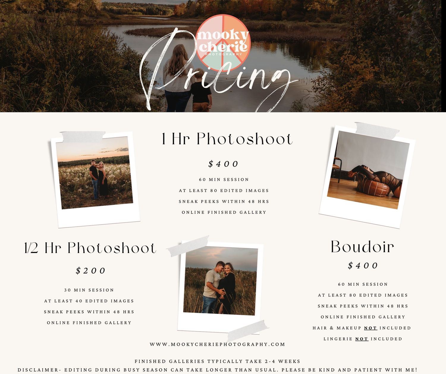 Photography pricing menu showing packages for family sessions, seniors, and boudoir with sample photos and pricing details.