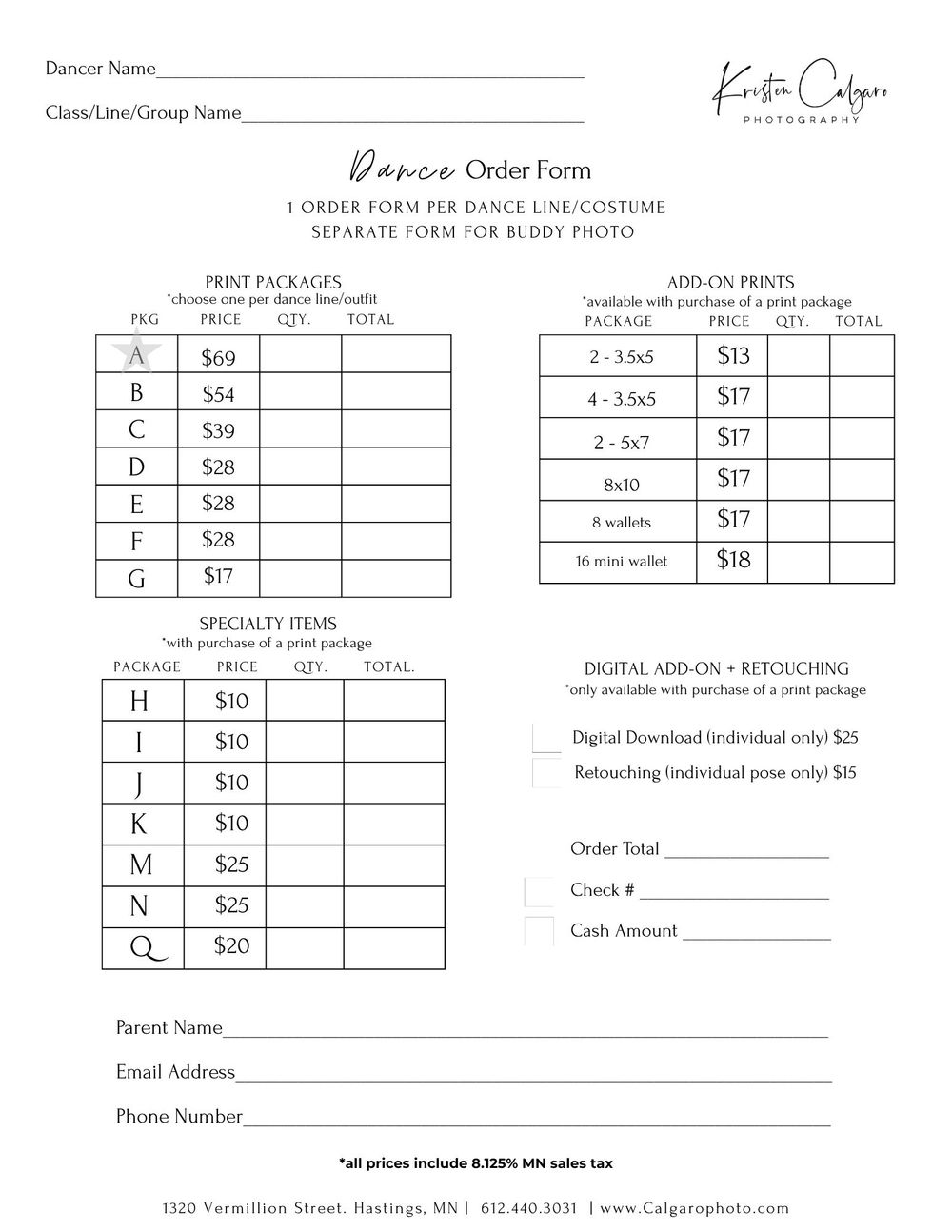 Dance Order Form - Kristen Calgaro Photography | Hastings Minnesota ...