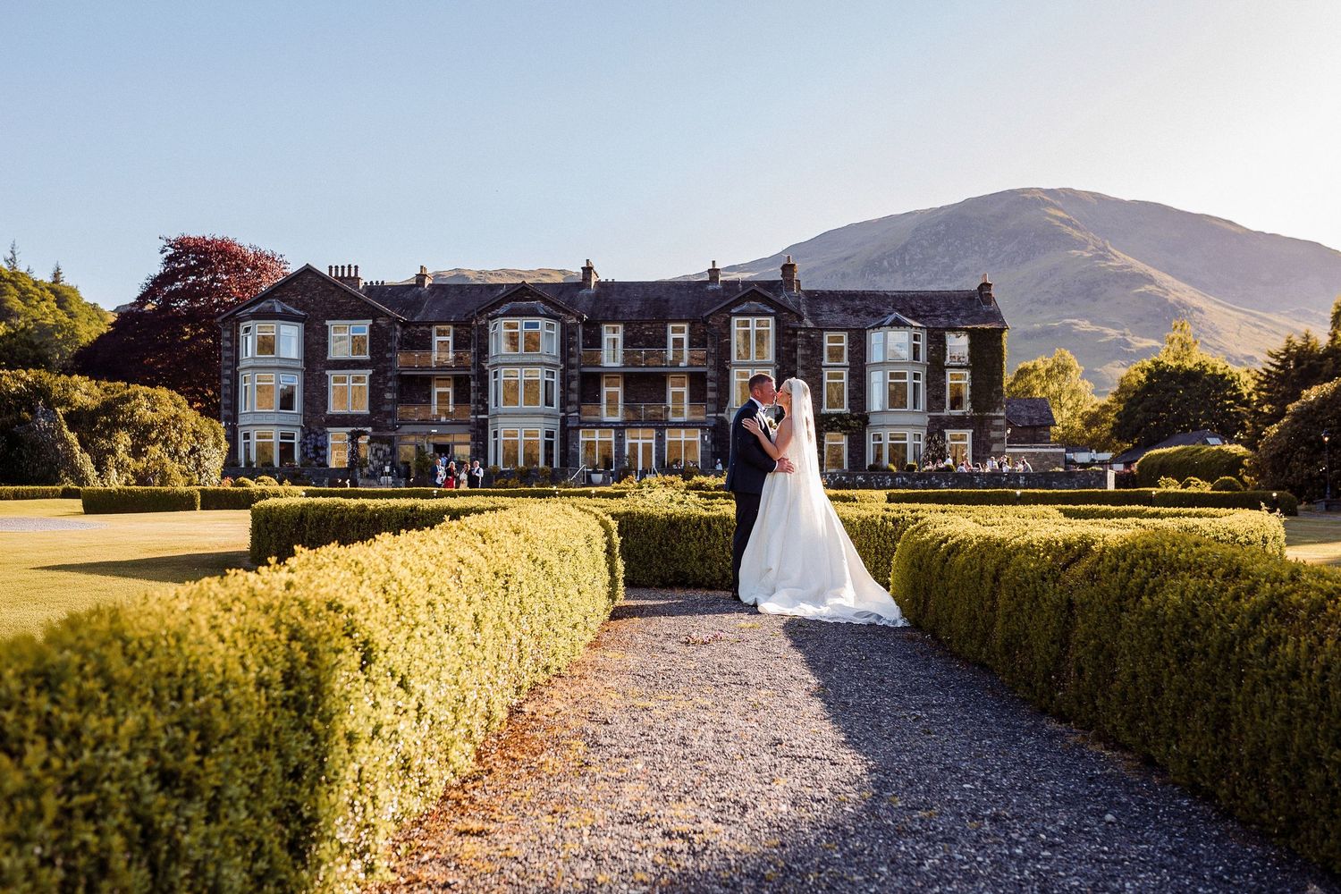 Bride and groom at golden hour at Inn on the Lake