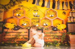 Baby sitting in front of a vibrant bee-themed birthday backdrop with honeycomb decorations and yellow bee props.