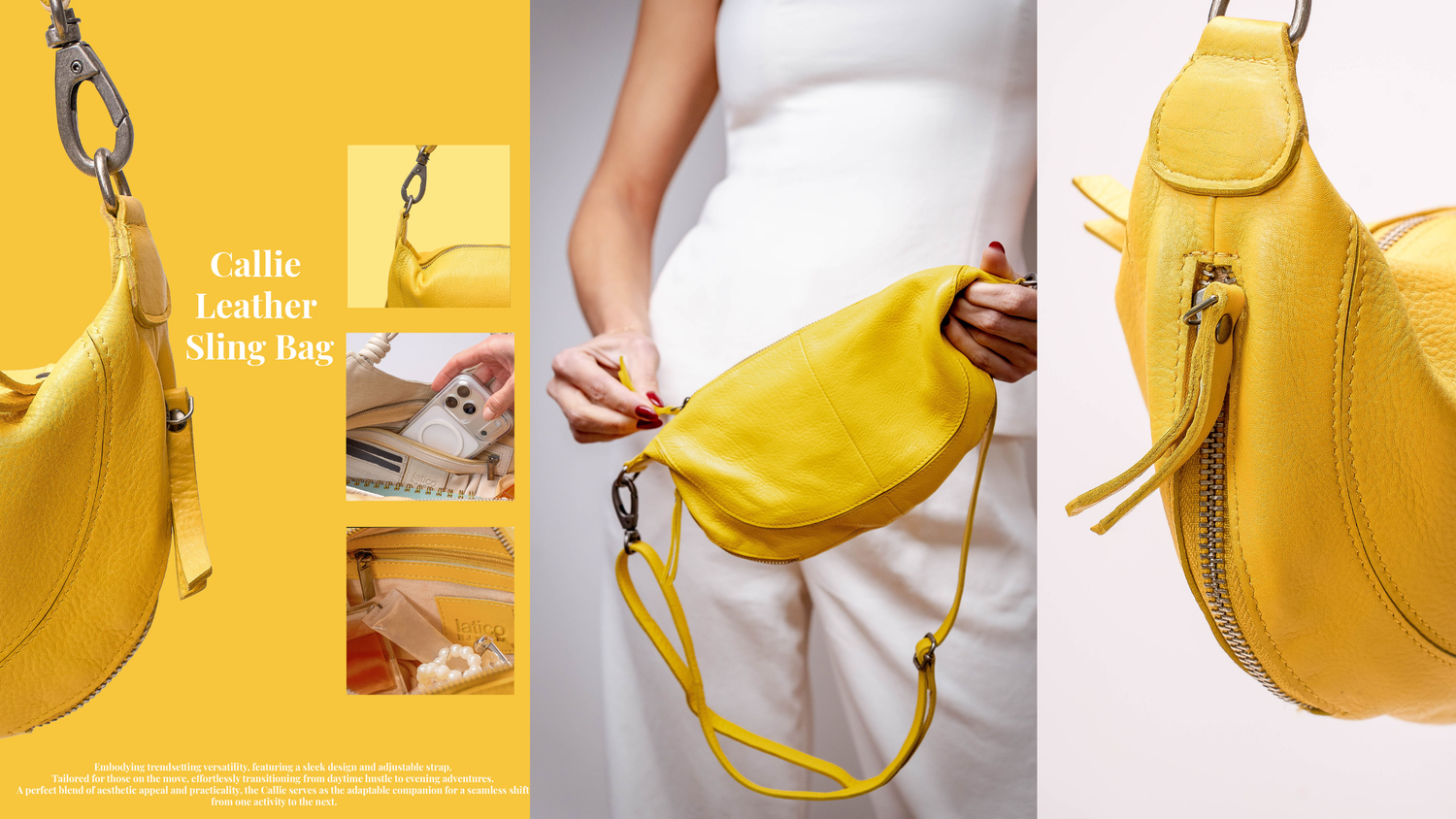 Yellow calfskin leather sling bag styled in a bright fashion editorial collage layout.