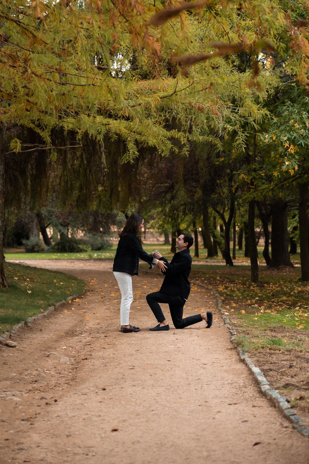 Fotografía de pareja durante propuesta en Madrid, instante natural lleno de significado