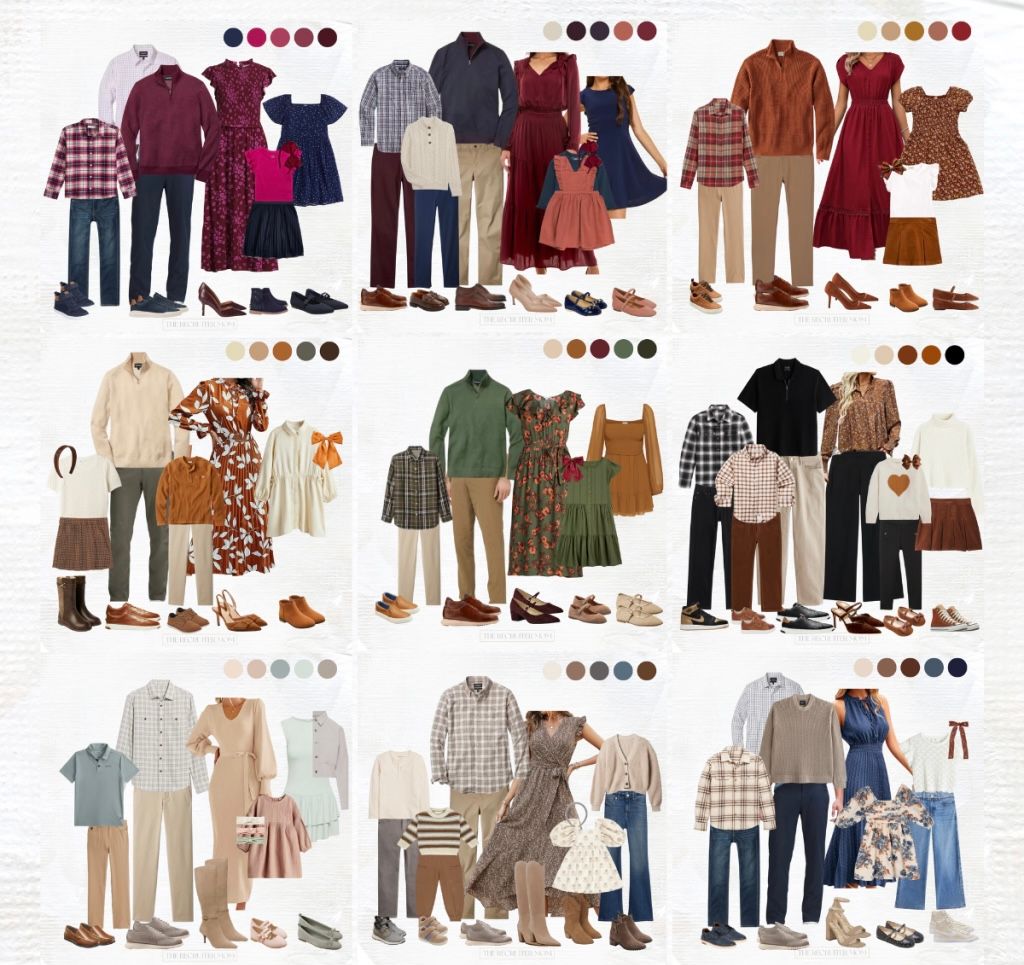 Nine coordinated family photo outfit combinations featuring fall color palettes in burgundy, navy, rust, and neutral tones.