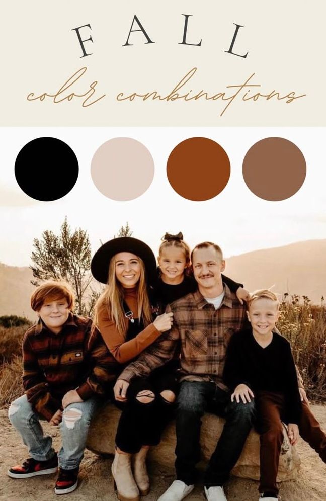 Fall family photo color combinations featuring black, blush, rust, and brown plaid outfits.