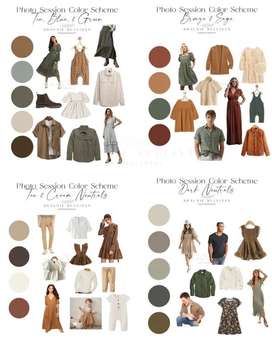 Four photo session color scheme guides featuring organic neutrals, bronze sage, tan cream, and dark neutral palettes.