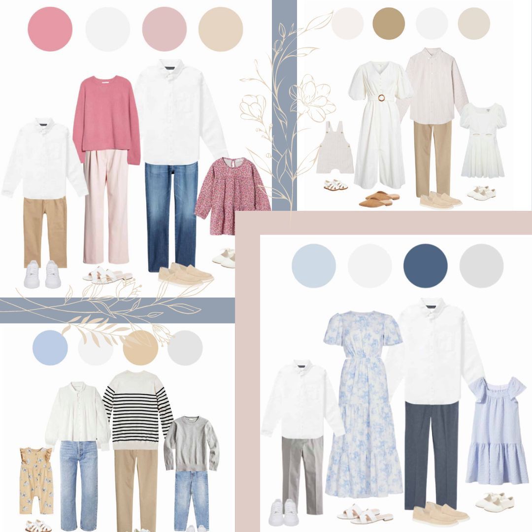 Four coordinated family photo outfit guides in soft pink, blue, and neutral tones for spring sessions.