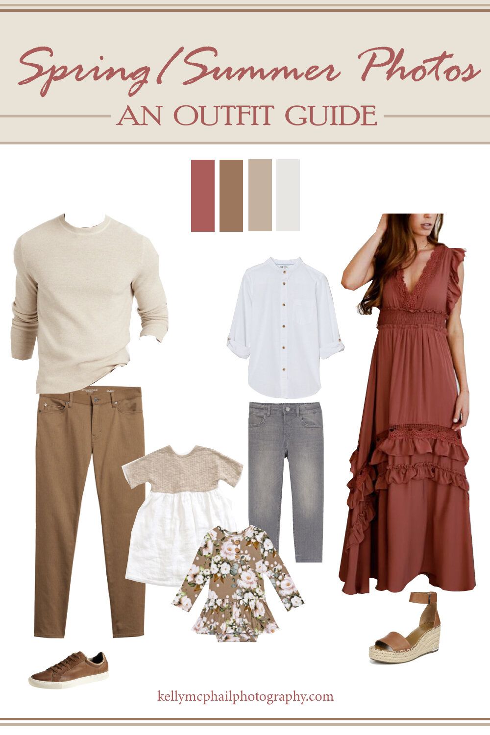 Spring summer family photo outfit guide featuring rust dress, neutral separates, and floral children's clothing.