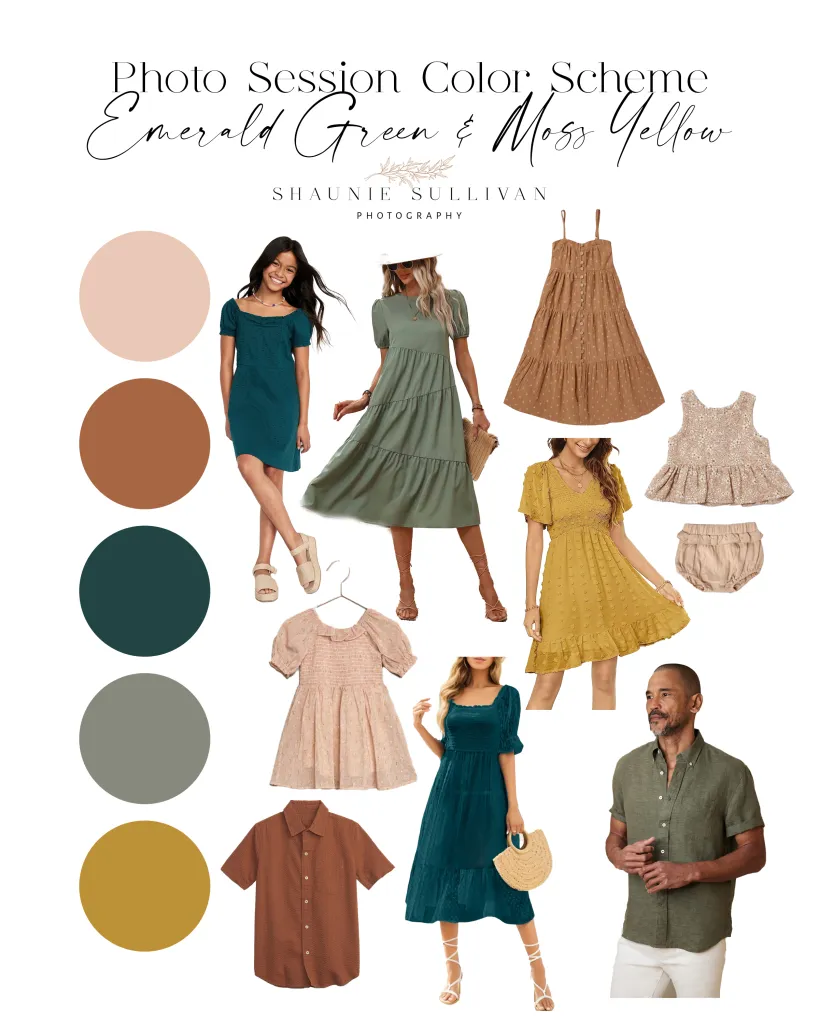 Family photo session color scheme in emerald green and moss yellow with coordinated outfit examples.