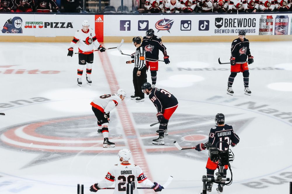 Hockey players from opposing teams face off during a professional ice hockey game on the rink.