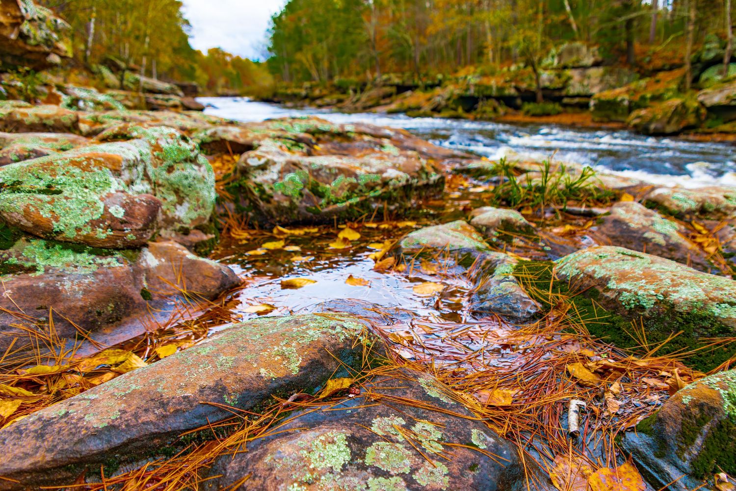 Long exposure fall waterfall landscape photography showing cascading water over mossy rocks in forest of Minnesota, calming nature wall art.
