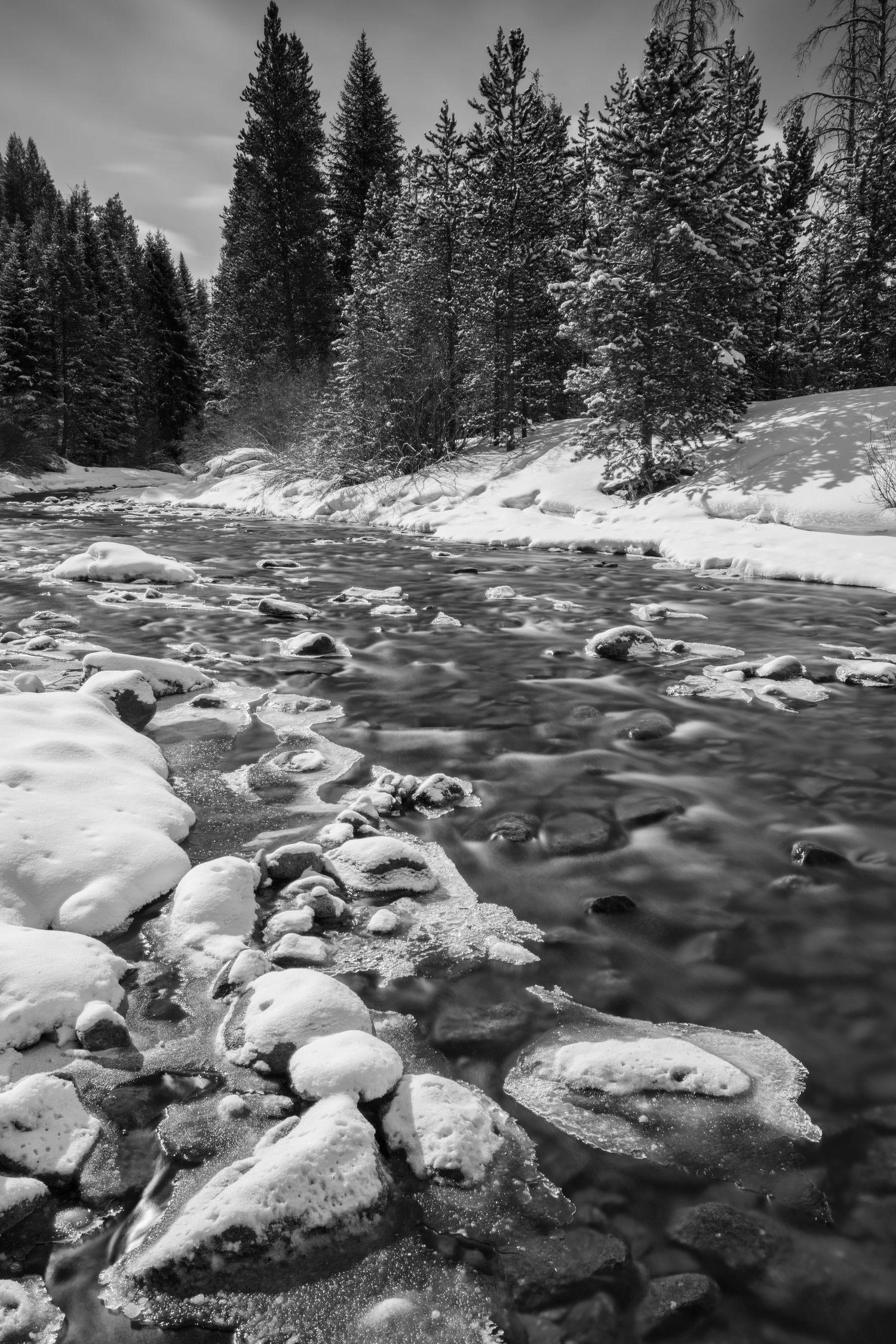 Long exposure black and white winter river landscape photography showing winding river thru snowy mountain forests, calming nature wall art.
