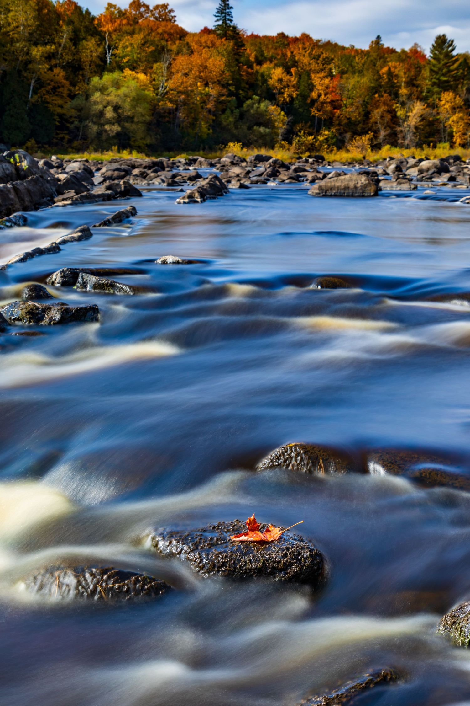 Long exposure fall waterfall landscape photography showing cascading water over mossy rocks in forests of Jay Cook, calming nature wall art.
