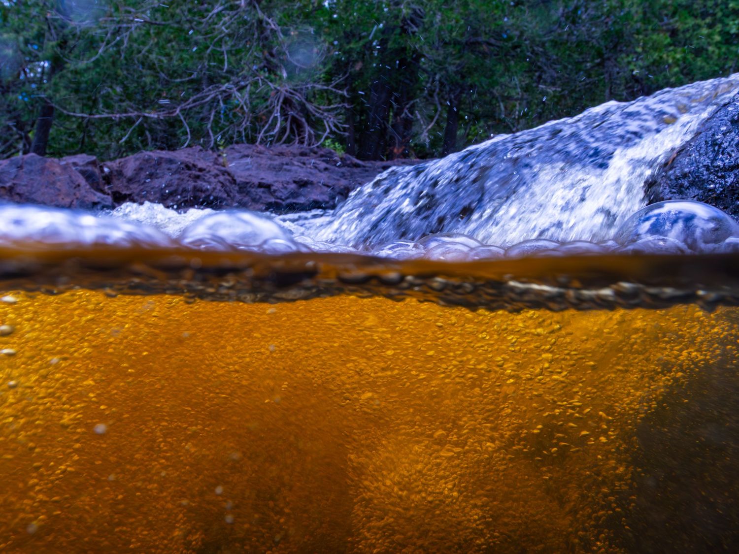 Long exposure underwater landscape photography showing split above and below river in Minnesota, calming nature wall art.