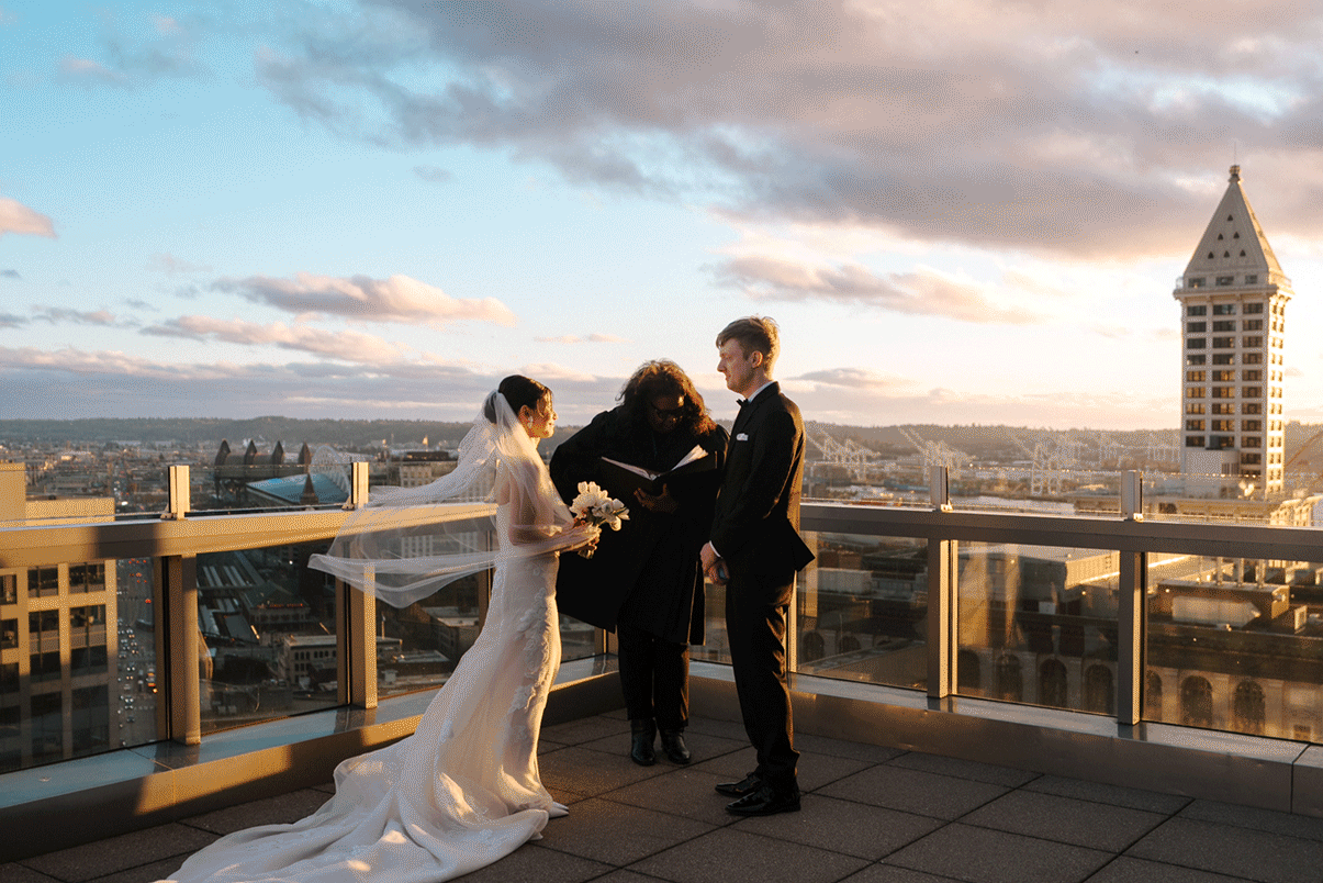 A series of photos showing people enjoying a scenic rooftop view of Seattle at sunset with the Space Needle visible.