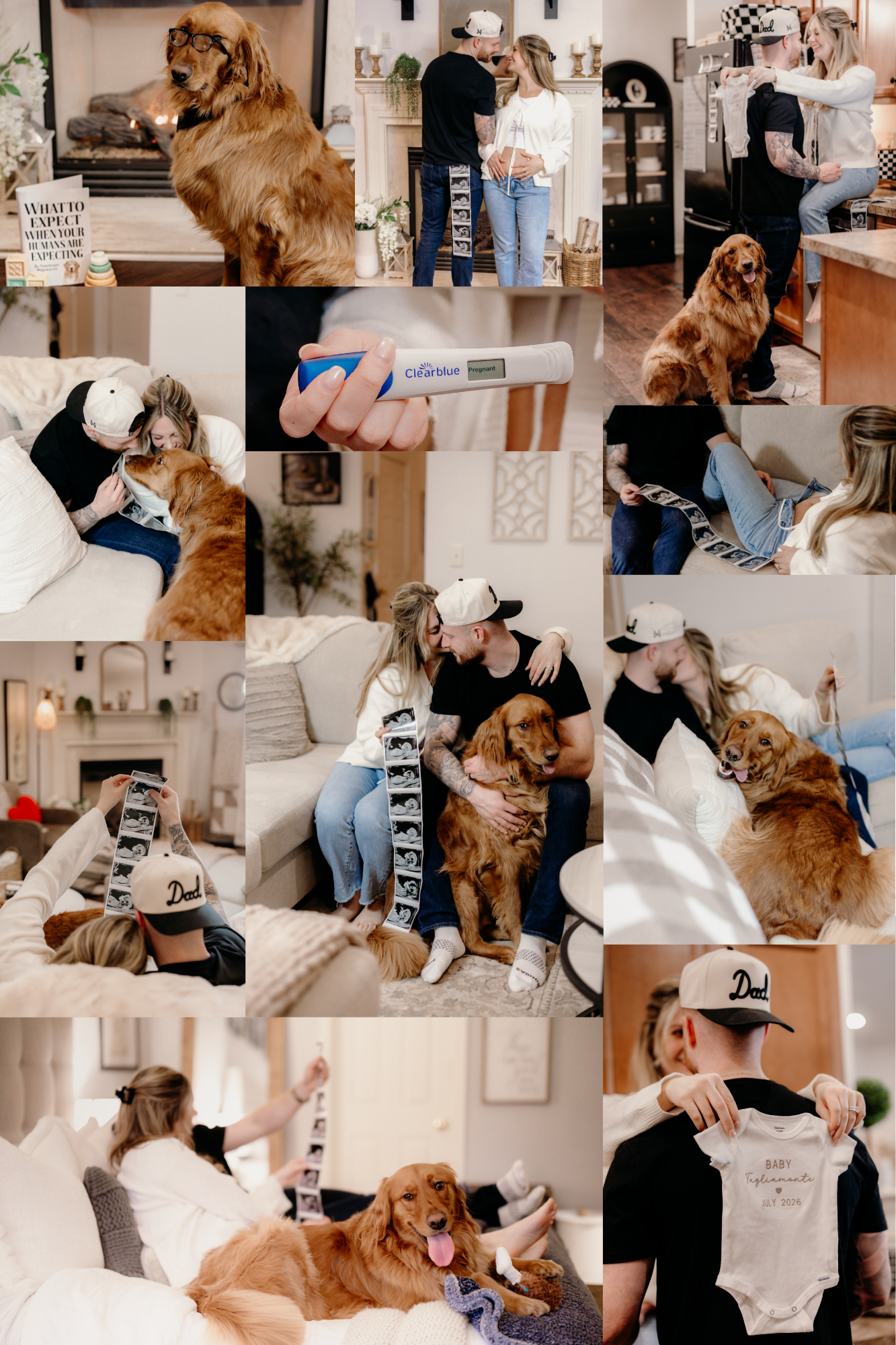 A golden retriever dog lounges on furniture while people relax at home in this lifestyle photo collage.