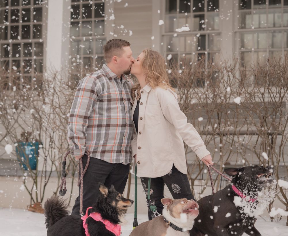 A couple shares a kiss while walking their dogs in winter with snow falling around them.