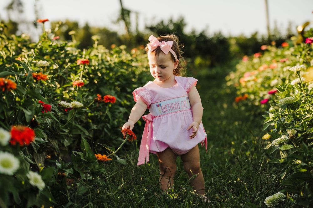 A toddler girl in a pink romper and bow walks through a colorful flower field on a sunny day.