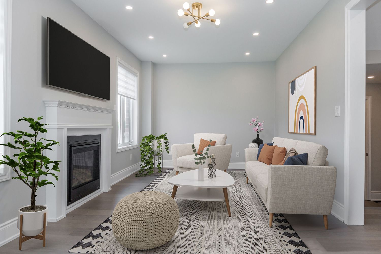 A photo of a virtually staged living room in Springwater Ontario for a real estate listing in Simcoe County photographed by Sarah Tennant
