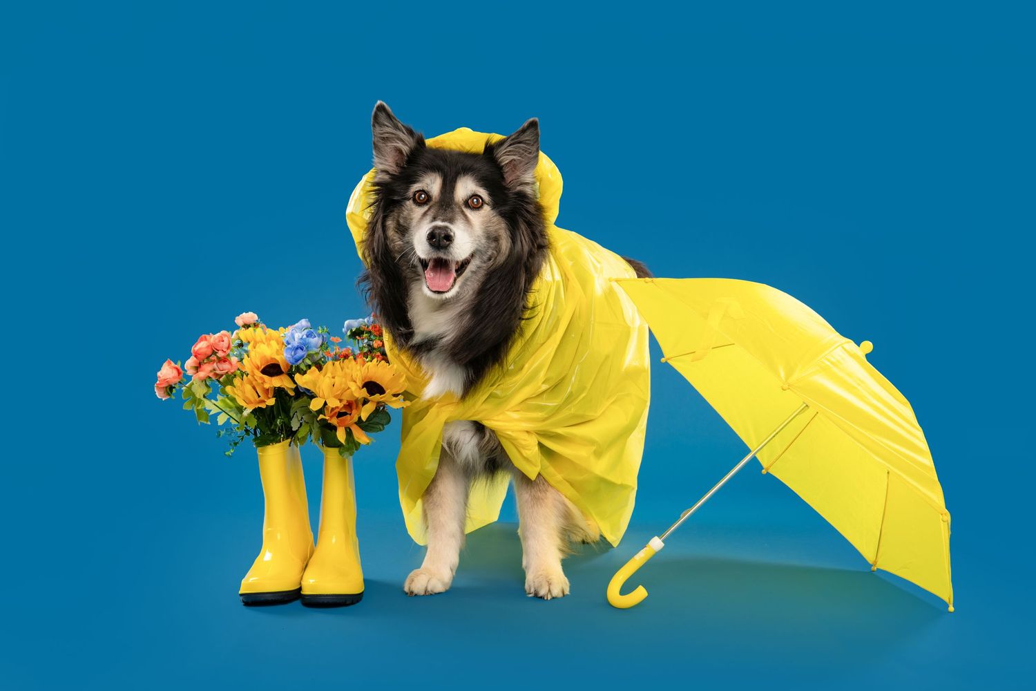 A happy dog wearing a yellow raincoat sits beside a yellow umbrella and rain boots filled with flowers on a blue background.